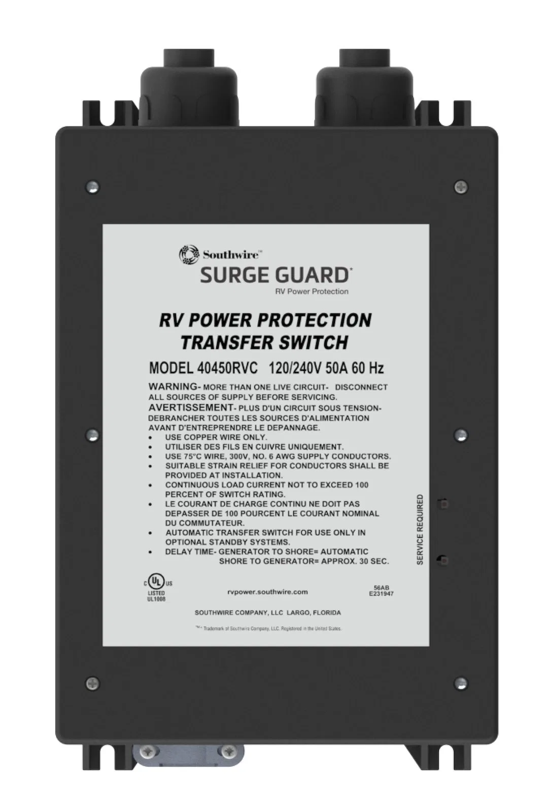 40450RVC3 – SOUTHWIRE Power Transfer Switch, Transfer Power Between Shore And RV Generator Automatic 120/ 240 Volts 5...
